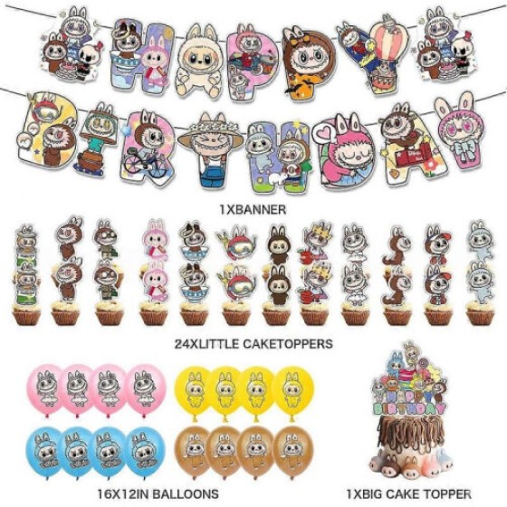 For Labubu Theme Birthday Party Props Reusable Adorable All in 1 Party Props Kit for Kids Teens Adults